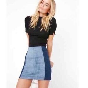 Free People 12 Colorblock Denim 2 Tone Mini Skirt Blue High Waist Cowgirl Rodeo